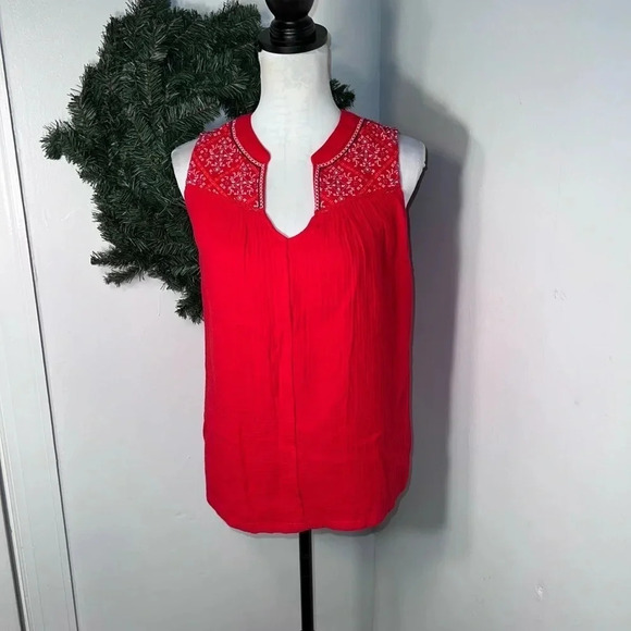 Knox Rose,NWT, S, sleeveless red tunic,handkerchief pattern henley collar blouse - Picture 1 of 8